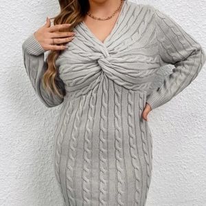 Plus Twist Cable Knit Sweater Dress (Light Grey)